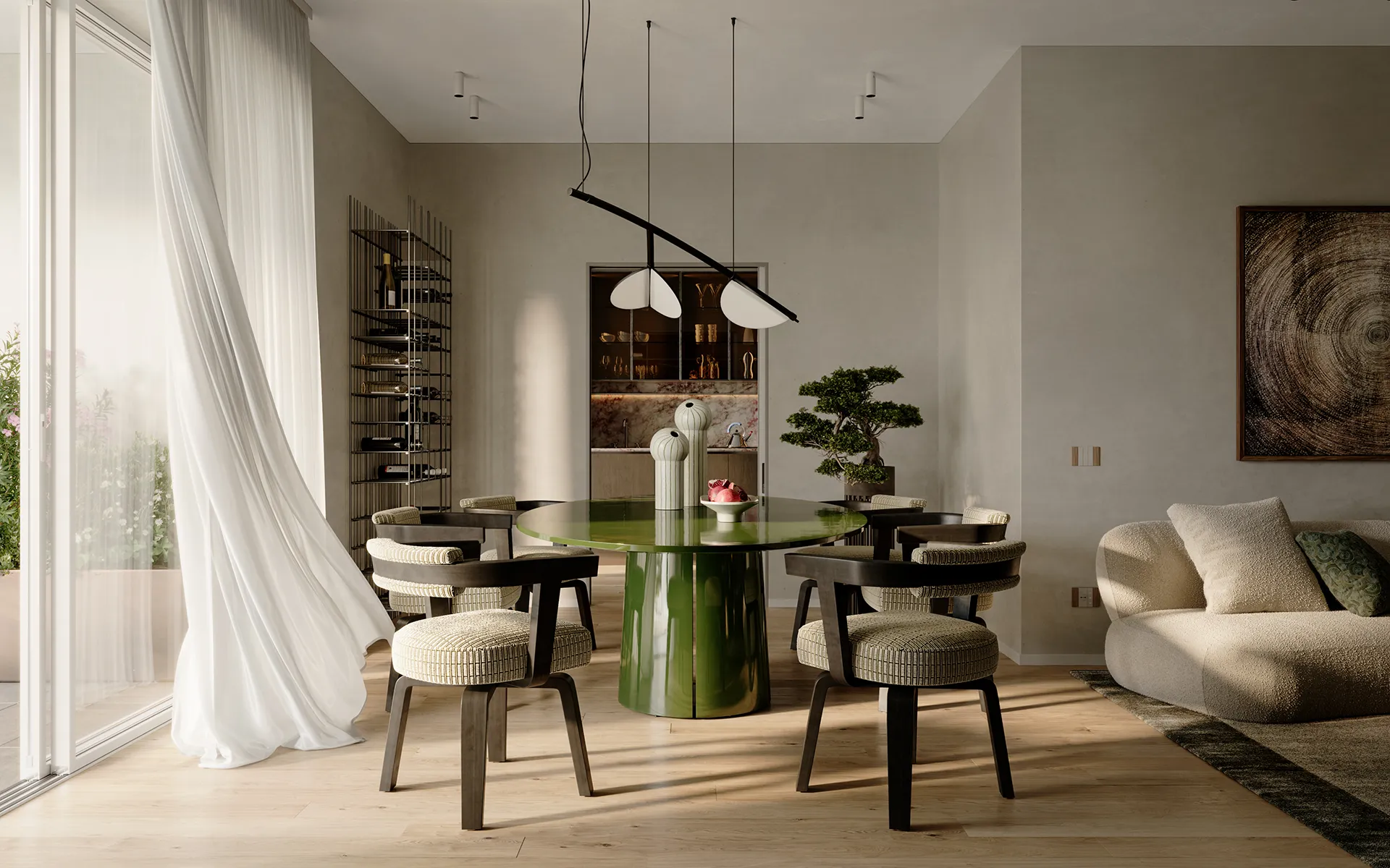 Area living nell’ampio trilocale di Lynfa Living a Roma Camilluccia con affaccio sull’ampio spazio esterno.